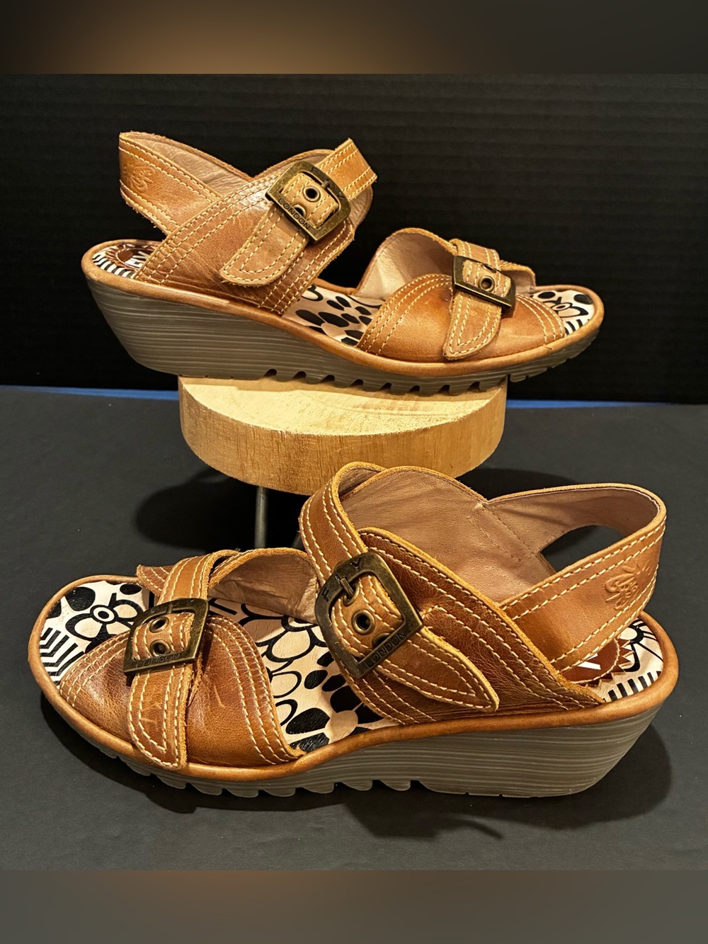 Fly London Tan Leather Wedge Sandals with Buckle Straps Size 39/US 8